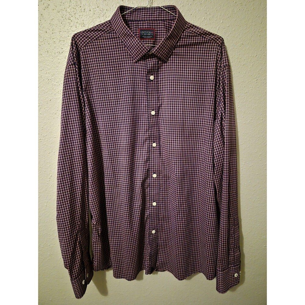 UNTUCKit Men's Purple Nylon Check Plaid Long Sleeve Button Front Shirt XXL 2XL